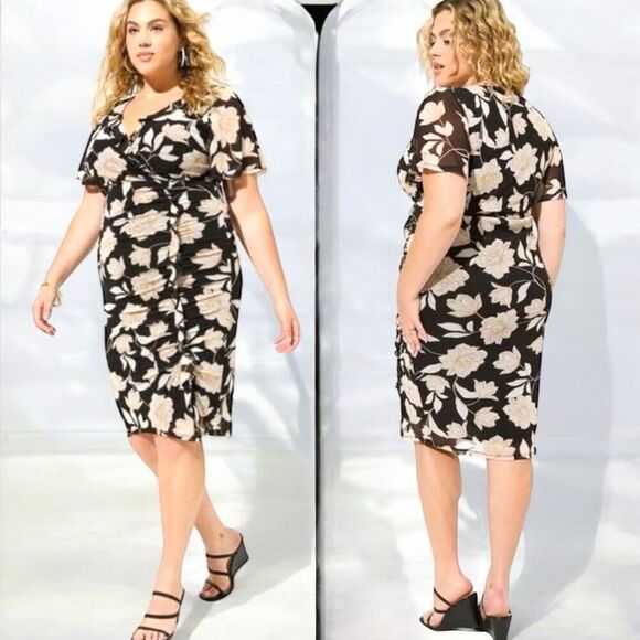 Torrid Floral At The Knee Mesh Surplice Ruffle Slit Dress Size 2 2XL NWT - Picture 2 of 13